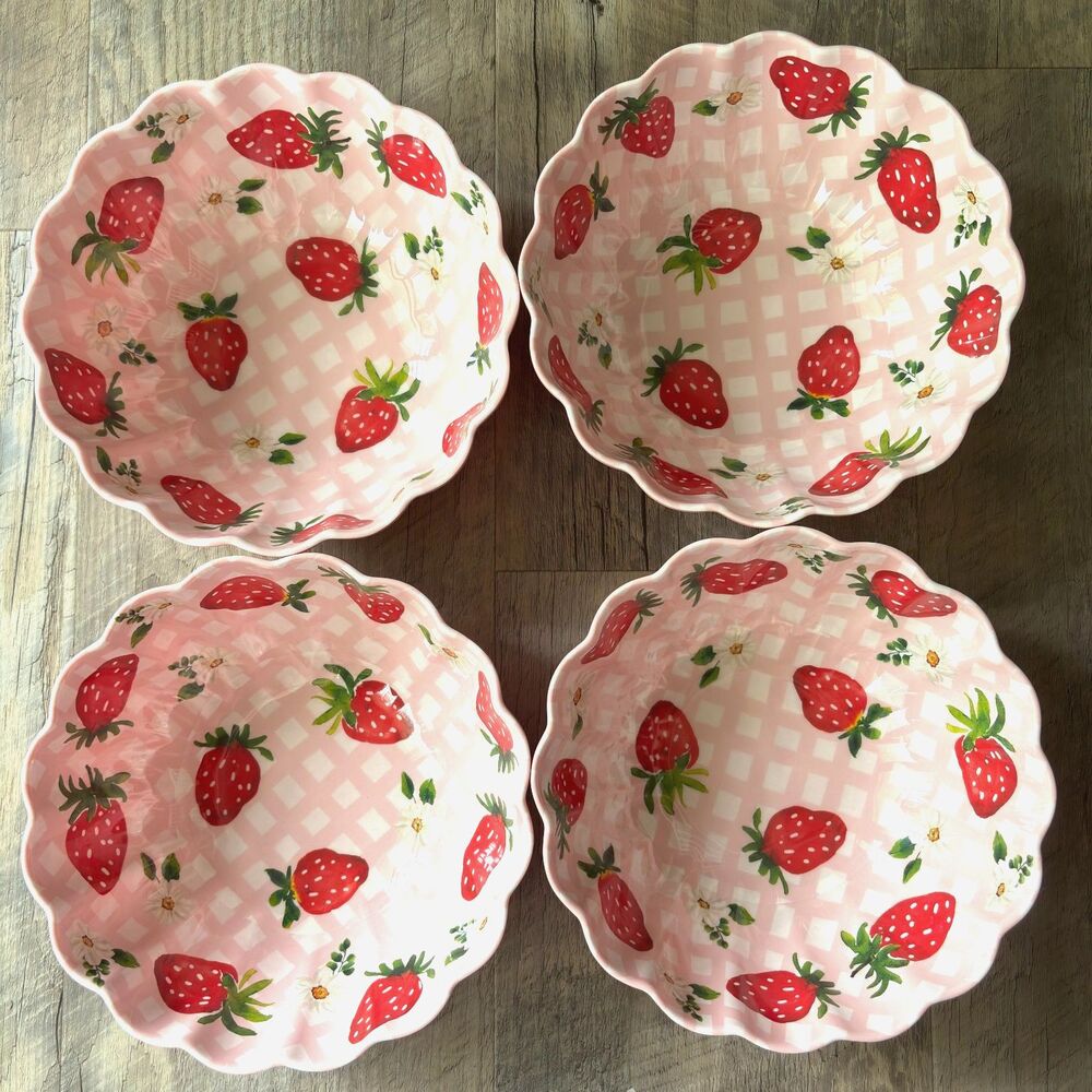 Set of 4 Strawberry Floral Scalloped 36 Oz Serving Cereal Bowls Hobby Lobby Pink